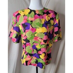 Galinda Wang 100% Silk Colorful Abstract Floral Blouse Womens 10 Textured Retro